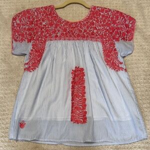 Elegant Red Lace and Blue Striped Blouse